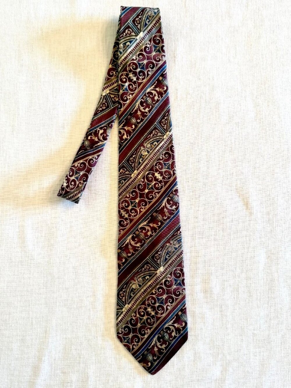 Vintage 1990s Bill Blass Silk Tie Burgundy Blue Gold Baroque Stripe